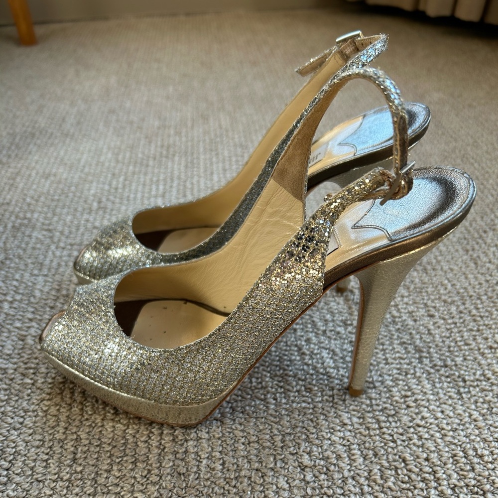 Jimmy Choo Champagne Glitter Peep Toe Platform Pumps